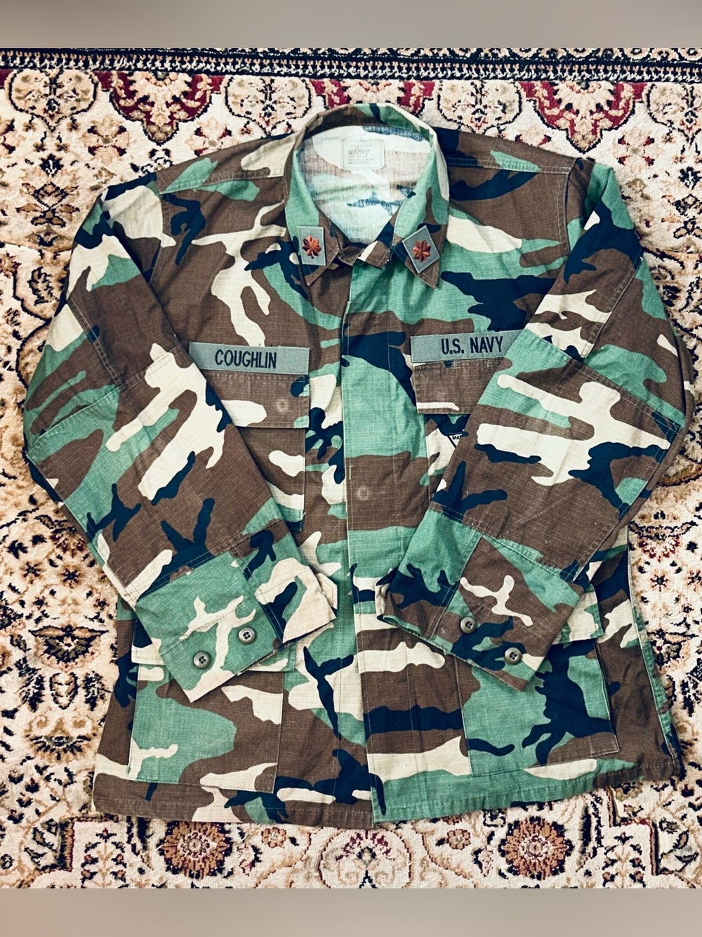 VTG US Navy Woodland Camo BDU Shirt Jacket LCDR Officer MESF Patched Size Large